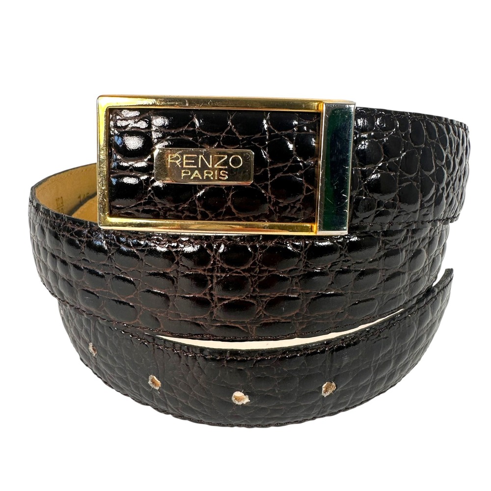 Renzo Paris‎ Mens Belt US 36-38 Croc Embossed Calfskin Black Gold Buckle France